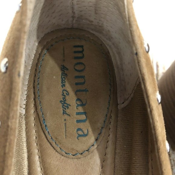 Montana Artisan Crafted Block Heels Sz 6.5 Brown Suede Studs Ankle Strap Comfort - Picture 7 of 9